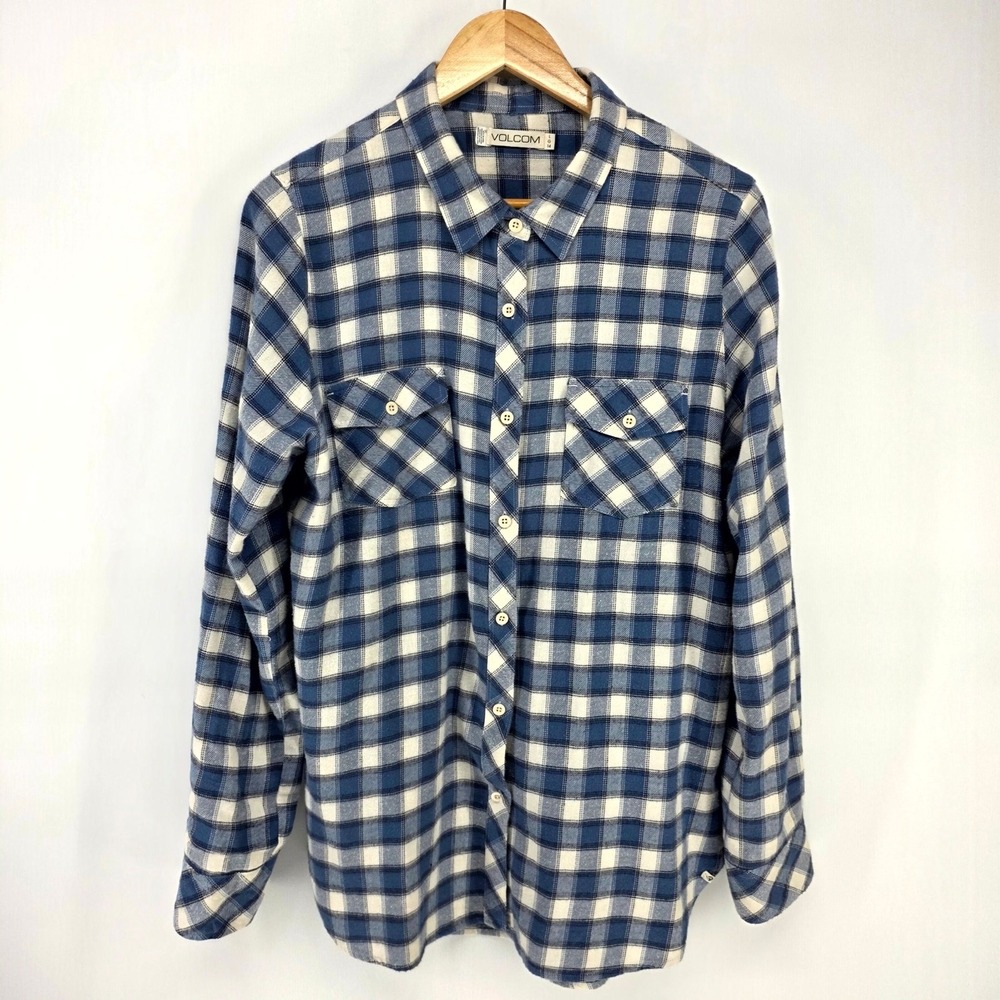 Volcom Flannel Shirt Womens L Blue White Plaid Button Up Long Sleeve B05316D0